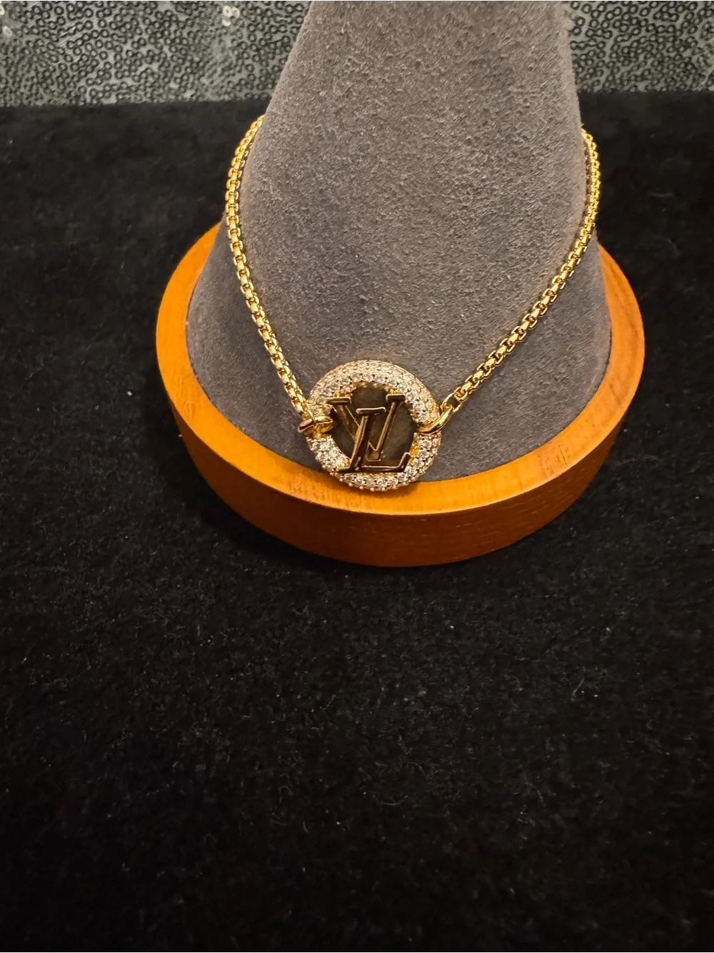 Louis Vuitton Gold-Tone Crystal LV Circle Pendant Necklace